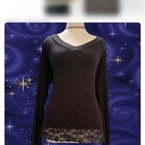 Decree Black Long Sleeve Top with Lace Trim
